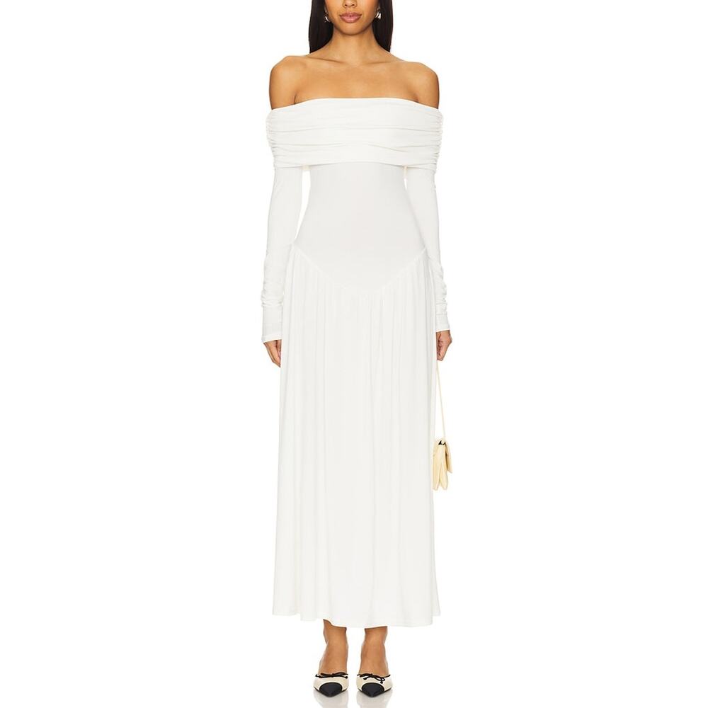 Weworewhat Draped Beige Off Shoulder Ruched Midi Dress Size M